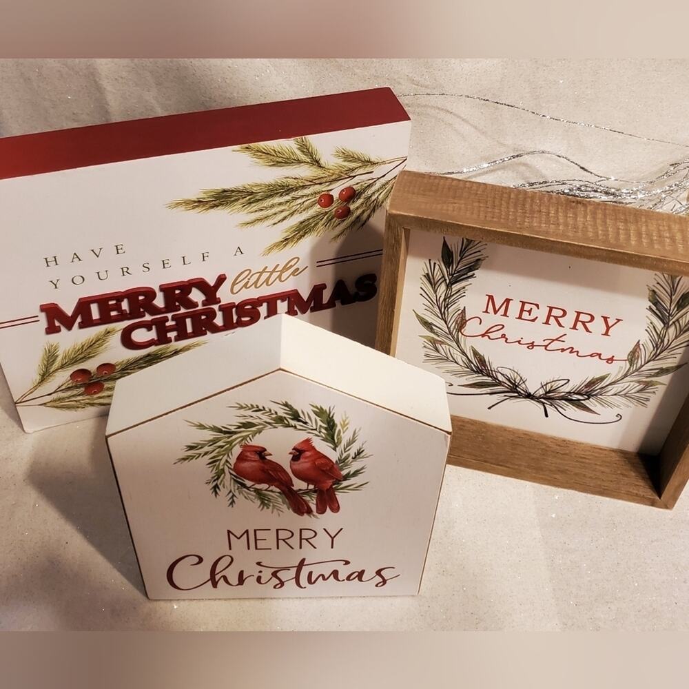 Wooden Christmas Bundle of 3 Christmas Holiday sign Decor Cardinals Wreath